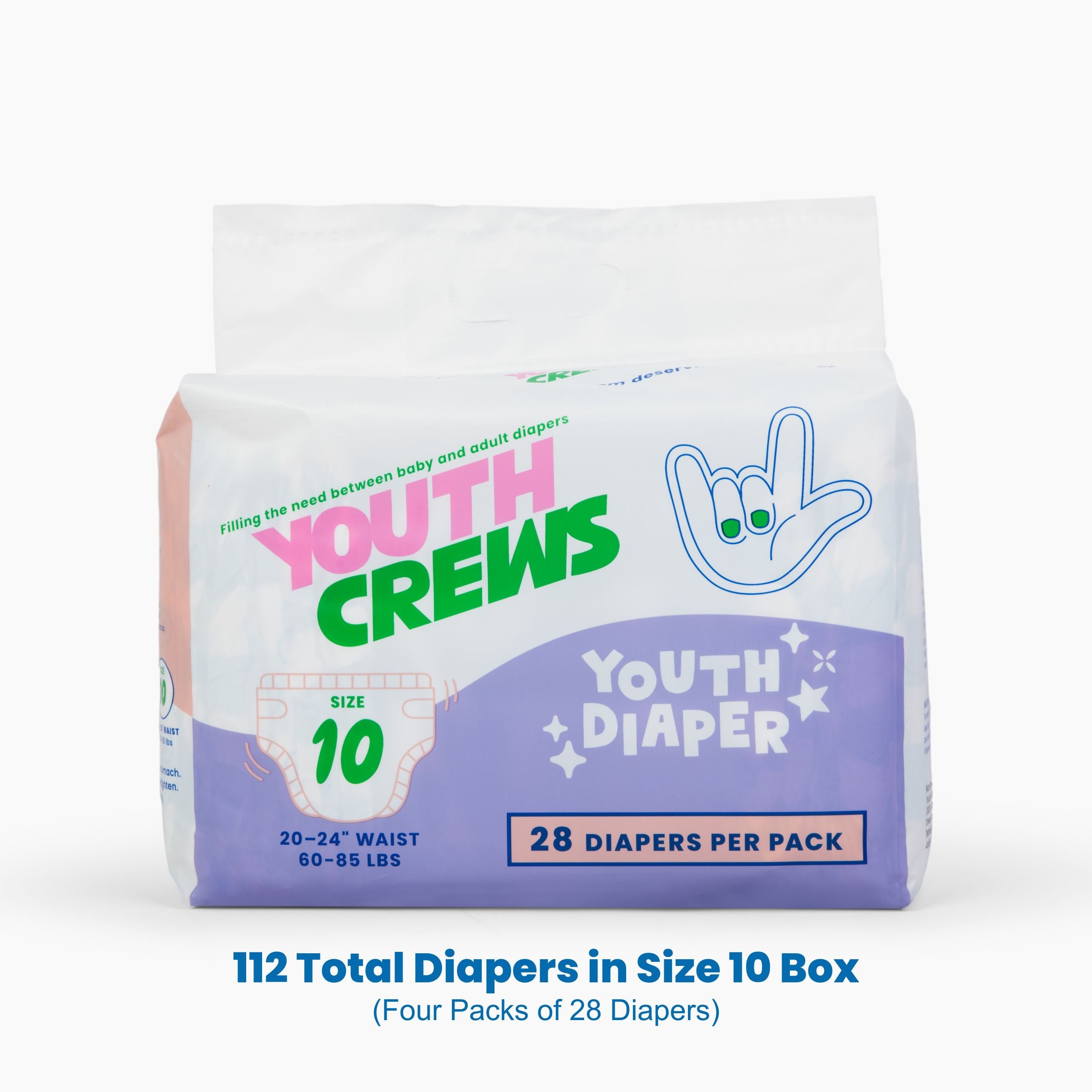 Pack of Youth Crews diapers with packaging details on a white background