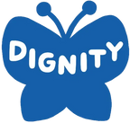 Blue butterfly “DIGNITY” logo on white.