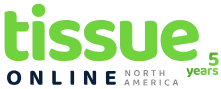 Tissue Online North America 5-year logo, green and blue on white.